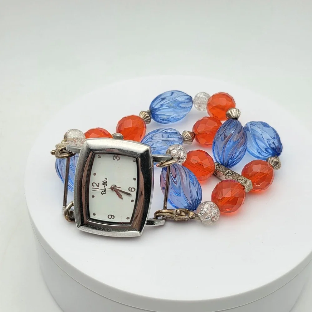 Vtg BUMBLES Watch Orange Blue 2-Strand Beaded Removable Stretch Band New Battery